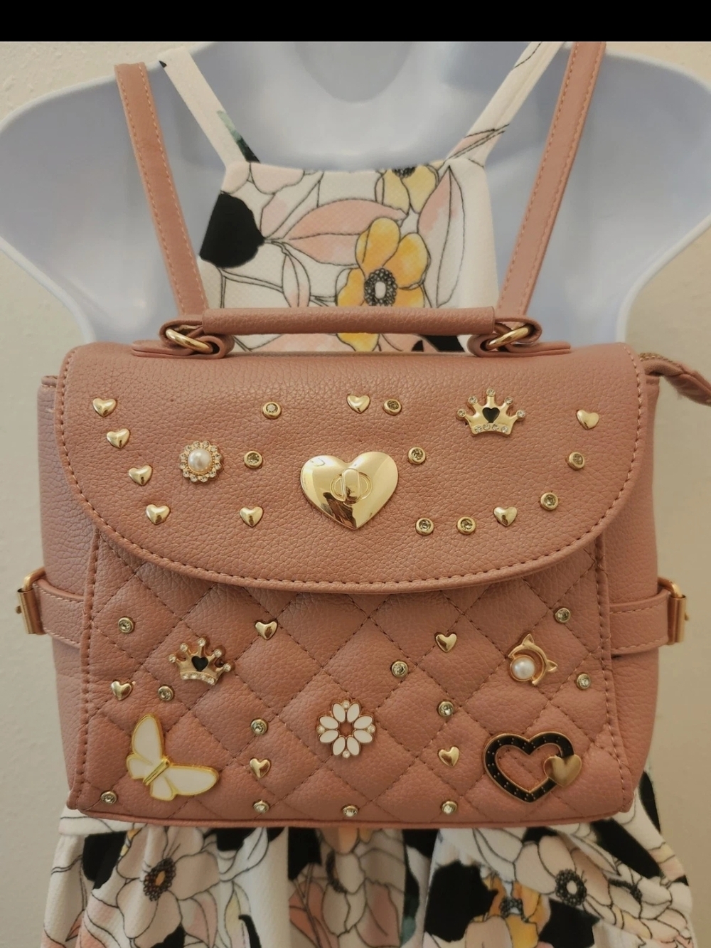 Charming Pink Quilted Mini Backpack with Gold Accents